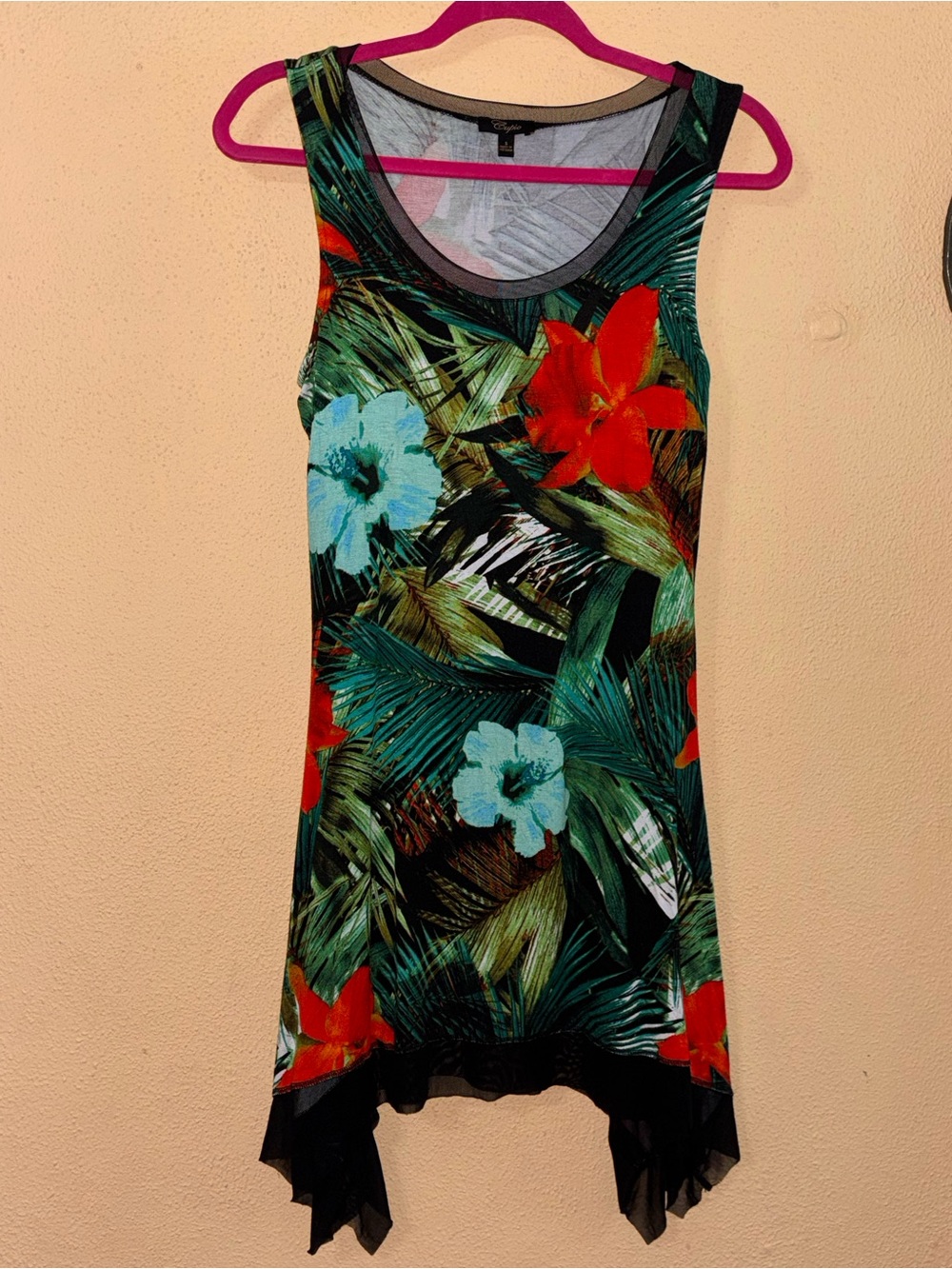 NWOT Cupio Tropical Floral Sleeveless Dress Sheer Mesh Handkerchief Hem S